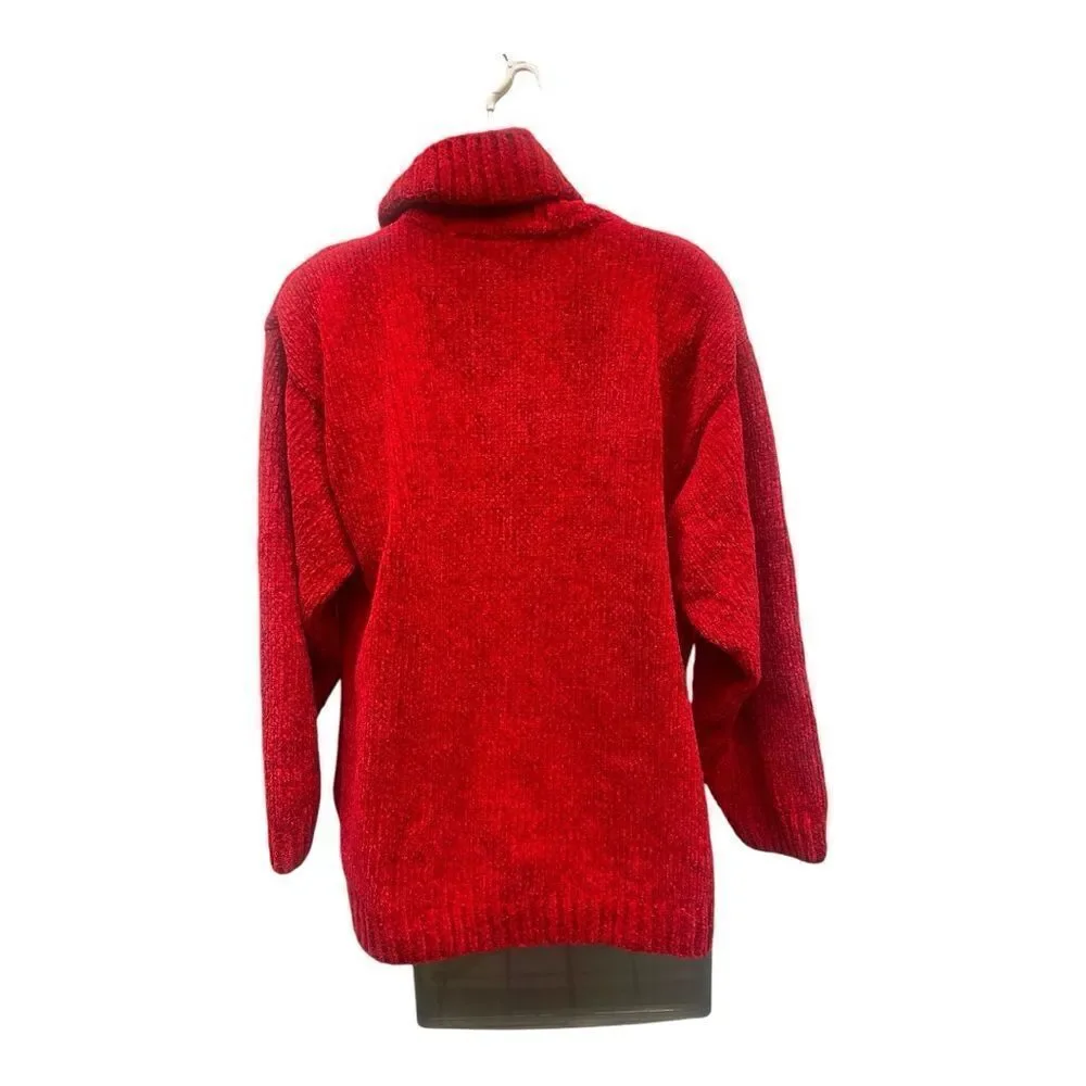 Vintage Liz Wear Red Chenille Turtleneck 80s Shoulder Pads Size Large EUC